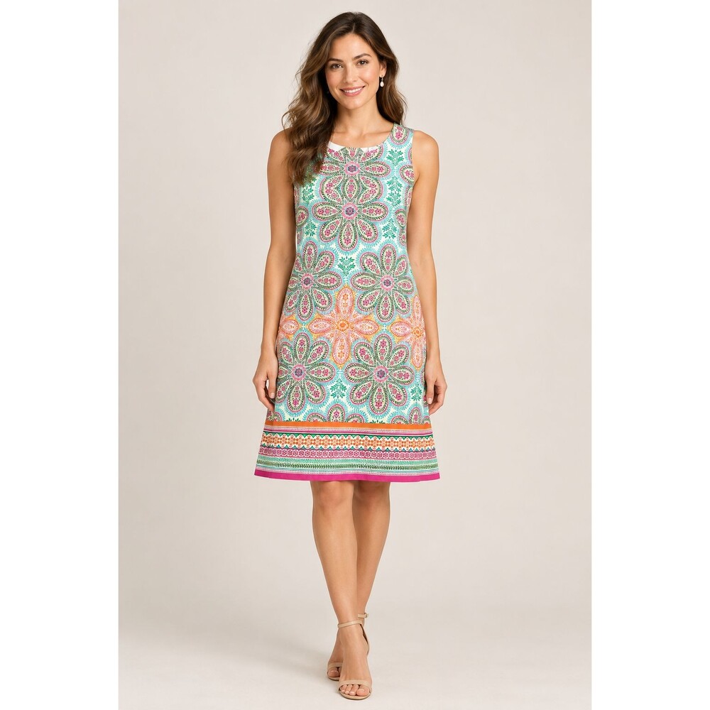 London Times Womens White Blue Pink Mandala Floral Sleeveless Shift Dress Size 8